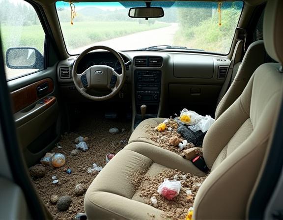 The cluttered and dirty interior of an SUV