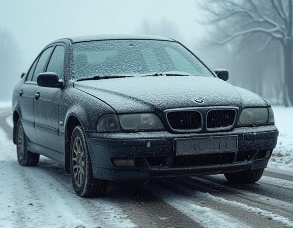 A black sedan covered in winter road salt and grime